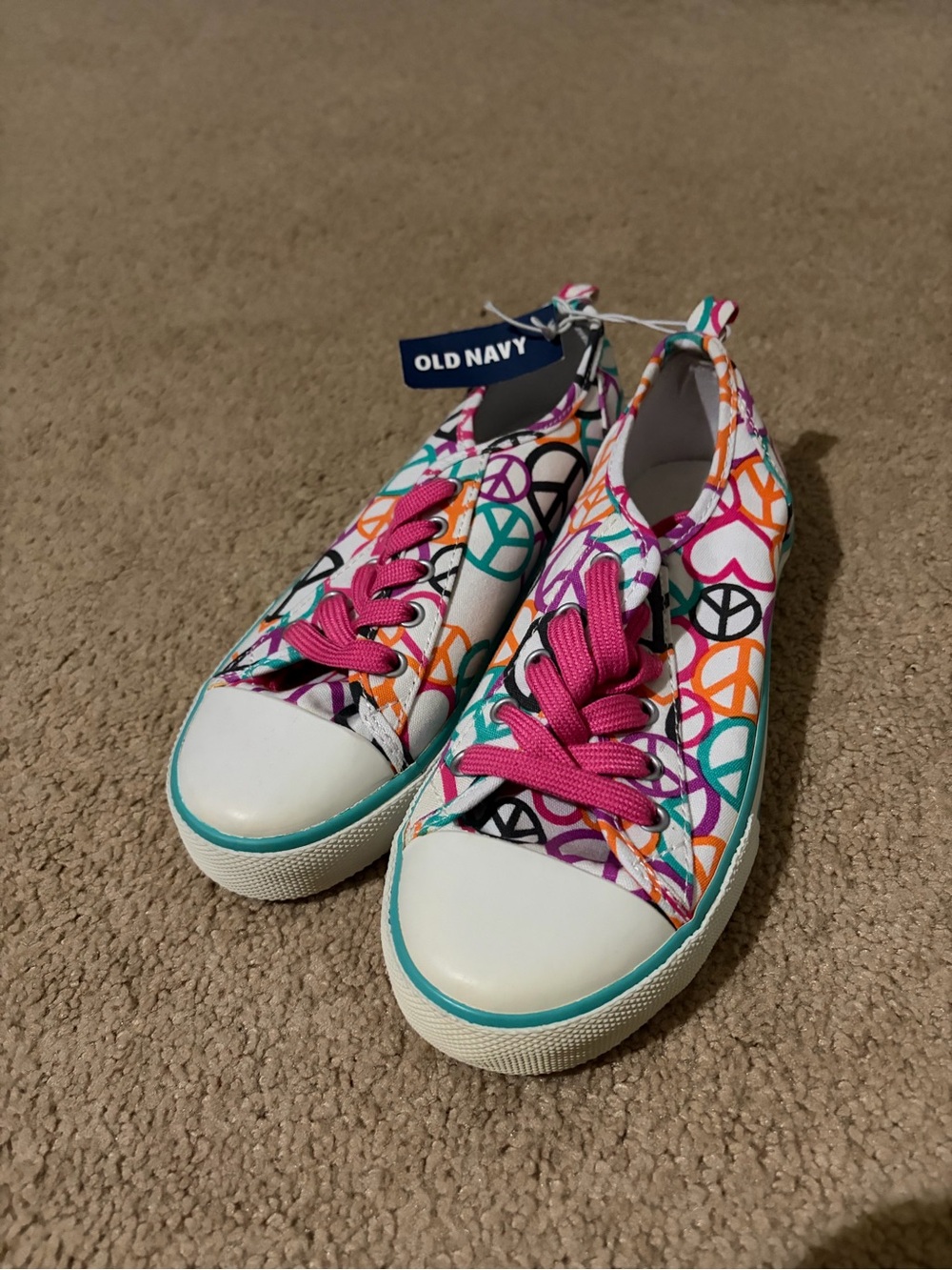 NWOT Old Navy White Canvas Sneakers with Multicolor Peace Signs and Pink Laces